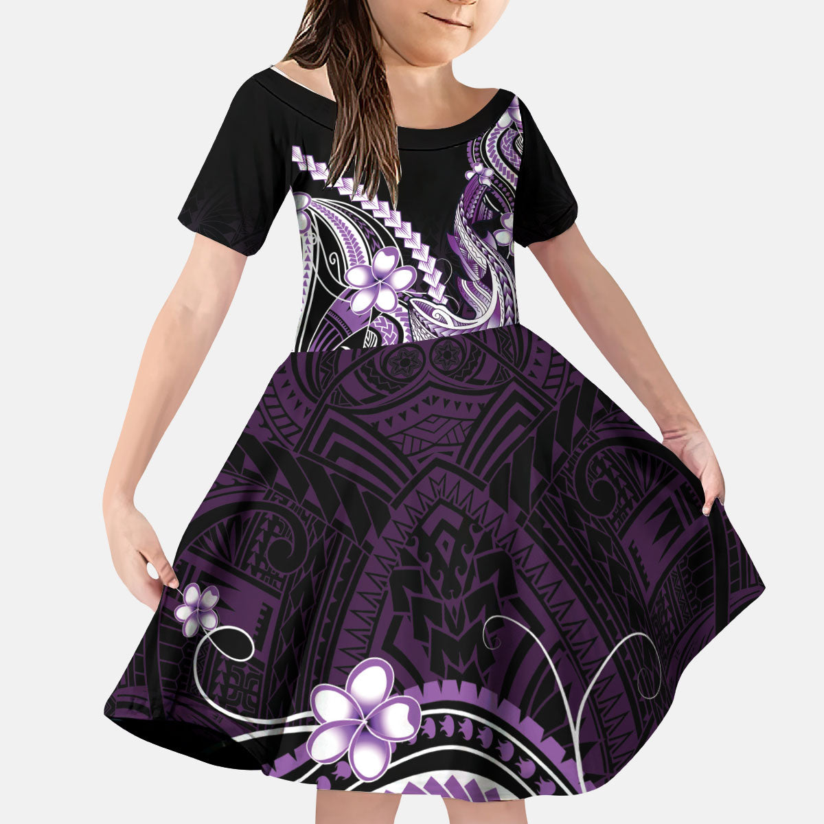 Purple Black Aloha Hawaii Kid Short Sleeve Dress Polynesian Shark Tattoo Plumeria