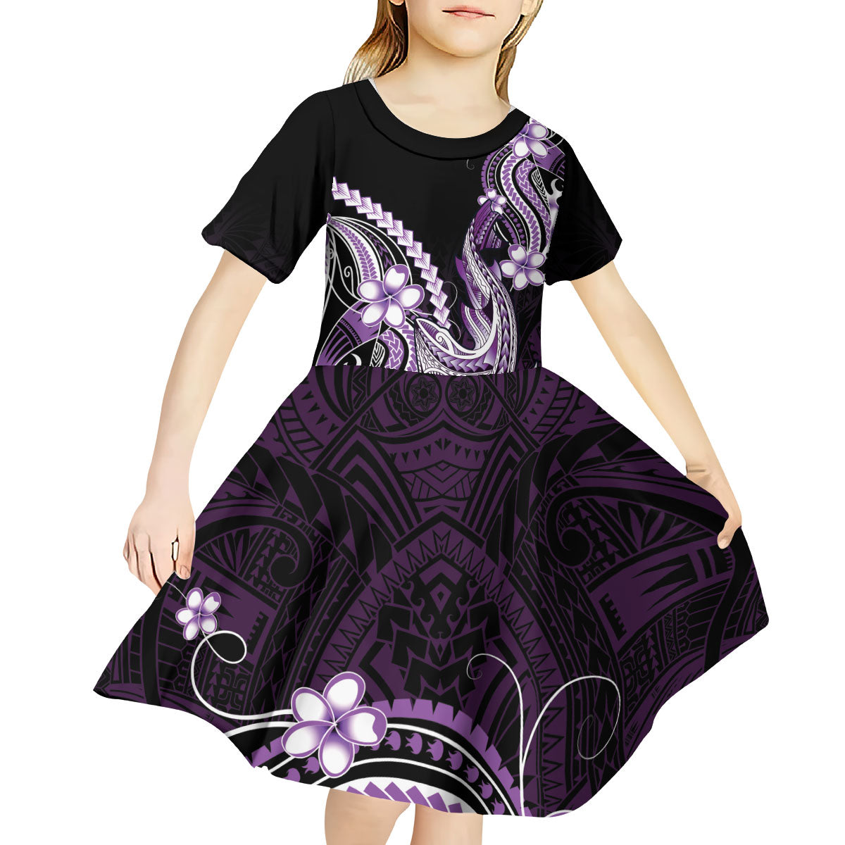 Purple Black Aloha Hawaii Kid Short Sleeve Dress Polynesian Shark Tattoo Plumeria