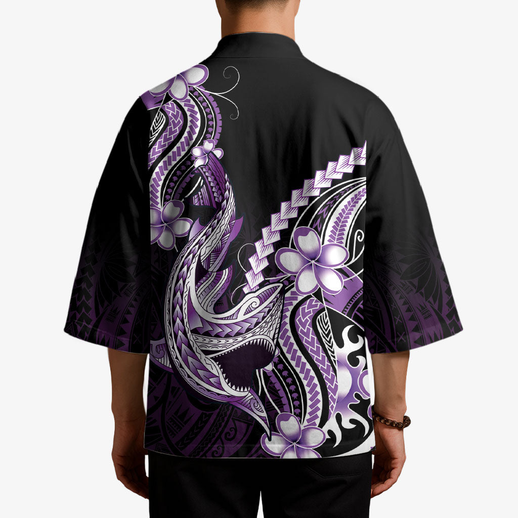 Purple Black Aloha Hawaii Kimono Polynesian Shark Tattoo Plumeria