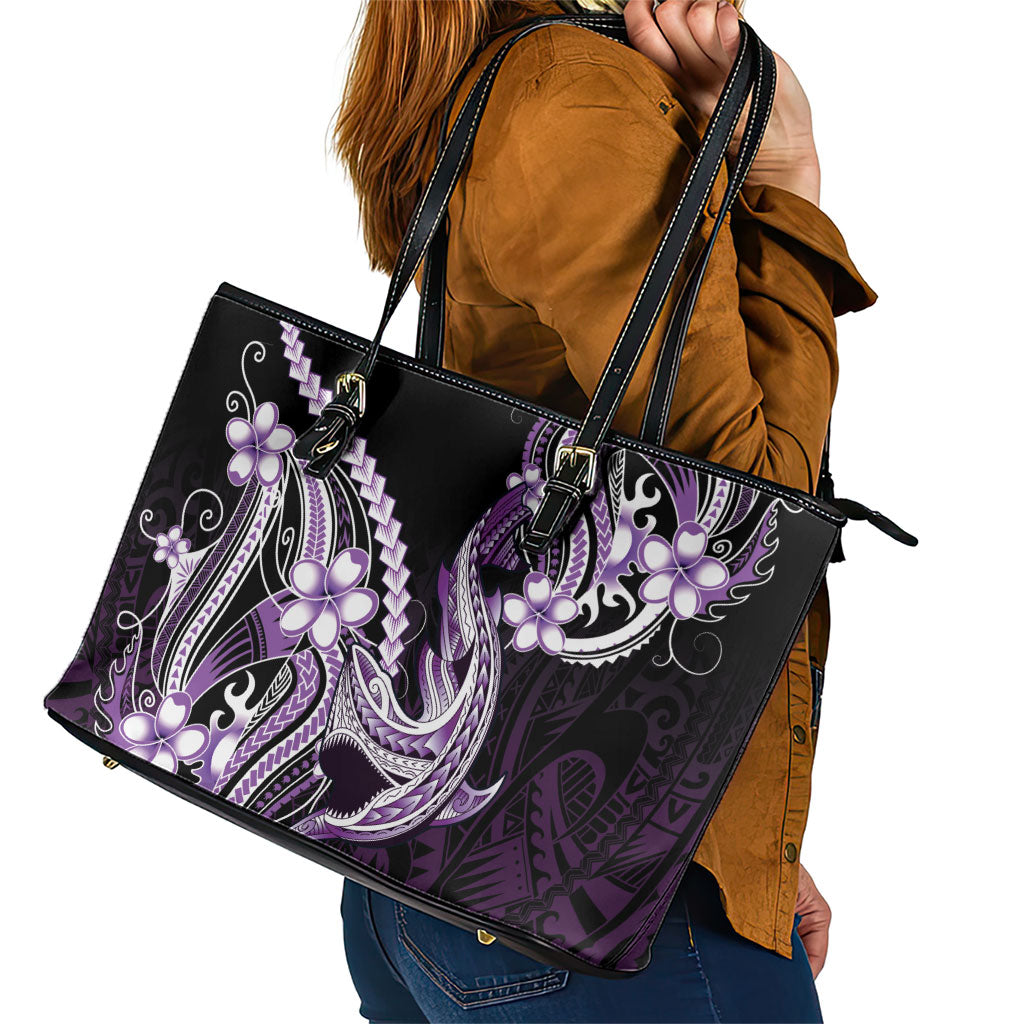 Purple Black Aloha Hawaii Leather Tote Bag Polynesian Shark Tattoo Plumeria