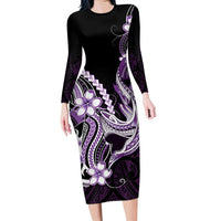 Purple Black Aloha Hawaii Long Sleeve Bodycon Dress Polynesian Shark Tattoo Plumeria