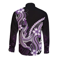 Purple Black Aloha Hawaii Long Sleeve Button Shirt Polynesian Shark Tattoo Plumeria
