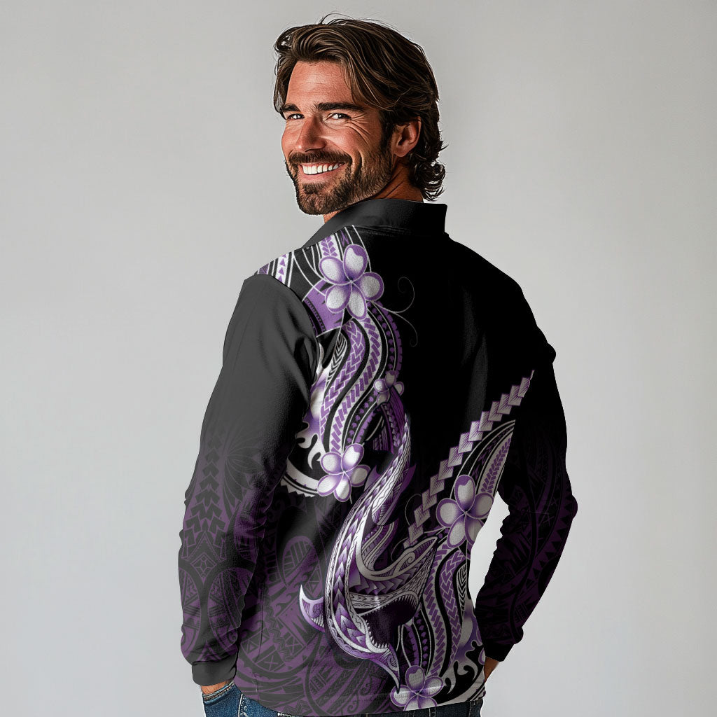 Purple Black Aloha Hawaii Long Sleeve Polo Shirt Polynesian Shark Tattoo Plumeria