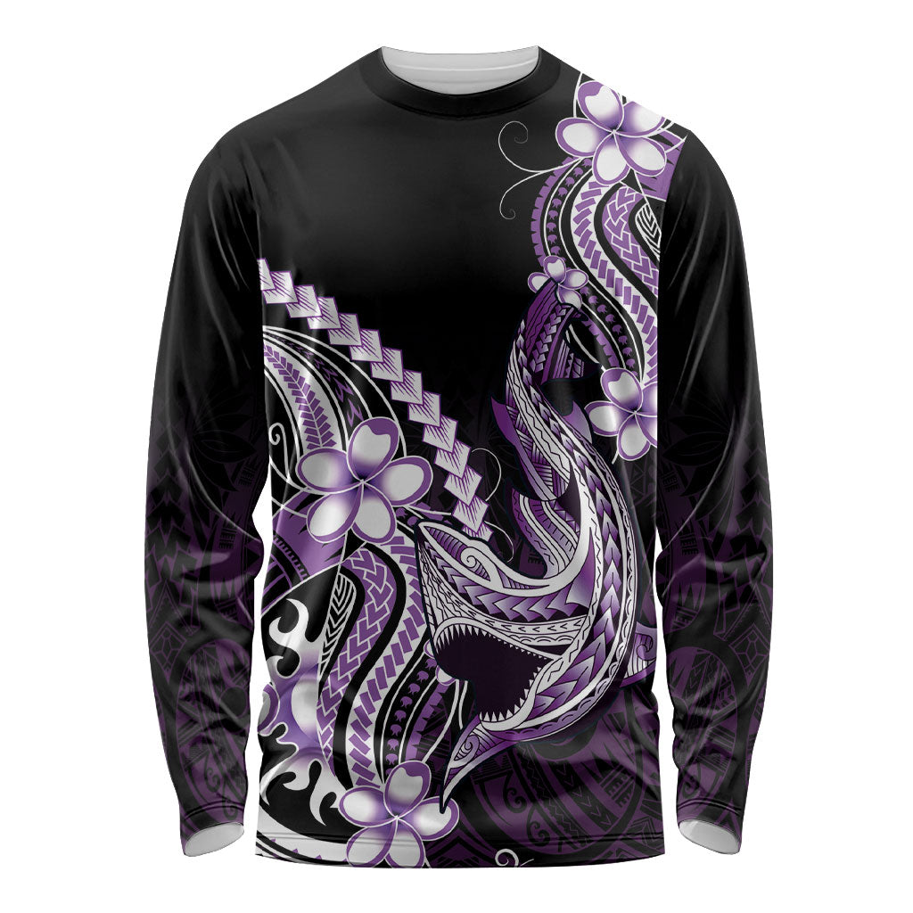 Purple Black Aloha Hawaii Long Sleeve Shirt Polynesian Shark Tattoo Plumeria