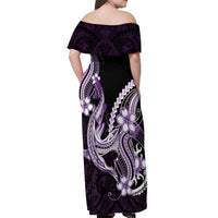Purple Black Aloha Hawaii Off Shoulder Maxi Dress Polynesian Shark Tattoo Plumeria