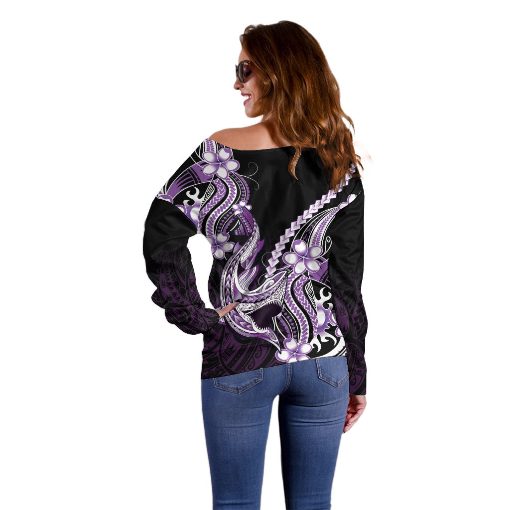 Purple Black Aloha Hawaii Off Shoulder Sweater Polynesian Shark Tattoo Plumeria