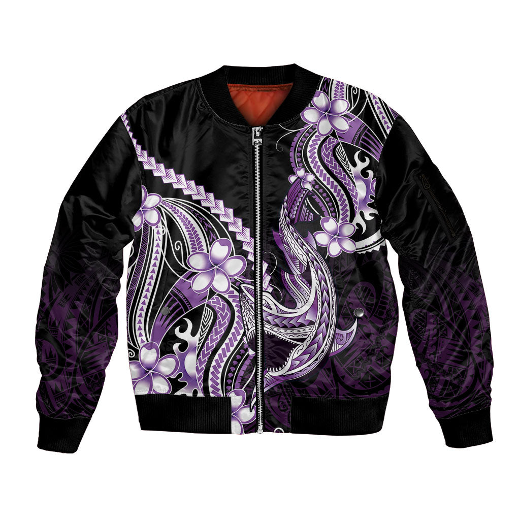 Purple Black Aloha Hawaii Sleeve Zip Bomber Jacket Polynesian Shark Tattoo Plumeria