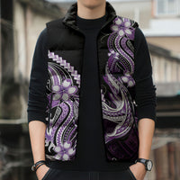 Purple Black Aloha Hawaii Sleeveless Puffer Jacket Polynesian Shark Tattoo Plumeria