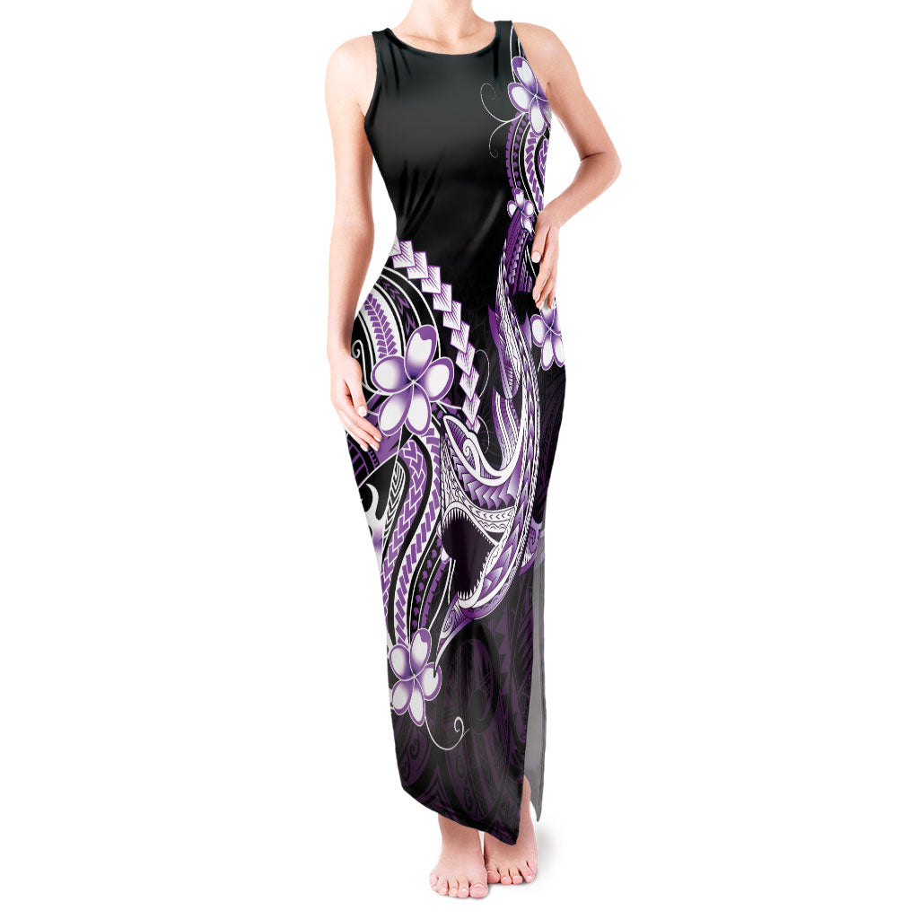 Purple Black Aloha Hawaii Tank Maxi Dress Polynesian Shark Tattoo Plumeria