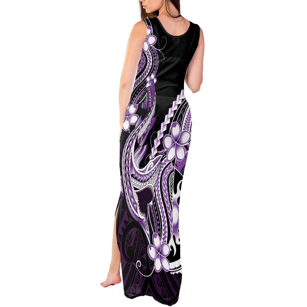 Purple Black Aloha Hawaii Tank Maxi Dress Polynesian Shark Tattoo Plumeria