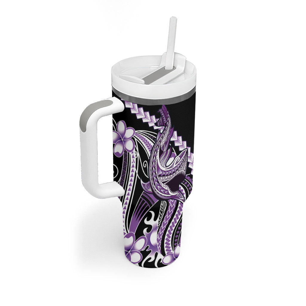 Purple Black Aloha Hawaii Tumbler With Handle Polynesian Shark Tattoo Plumeria