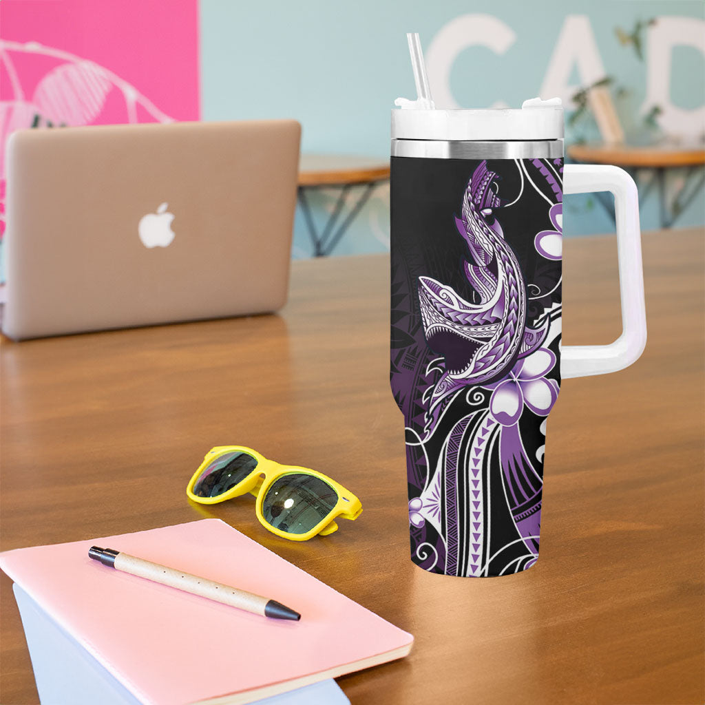 Purple Black Aloha Hawaii Tumbler With Handle Polynesian Shark Tattoo Plumeria