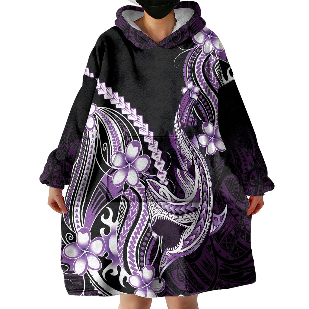 Purple Black Aloha Hawaii Wearable Blanket Hoodie Polynesian Shark Tattoo Plumeria