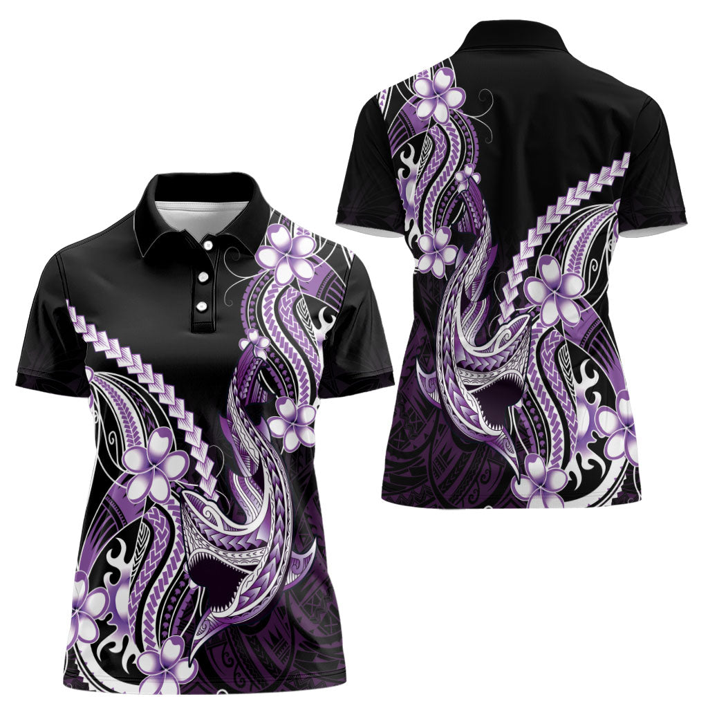 Purple Black Aloha Hawaii Women Polo Shirt Polynesian Shark Tattoo Plumeria
