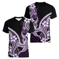 Purple Black Aloha Hawaii Women V-Neck T-Shirt Polynesian Shark Tattoo Plumeria