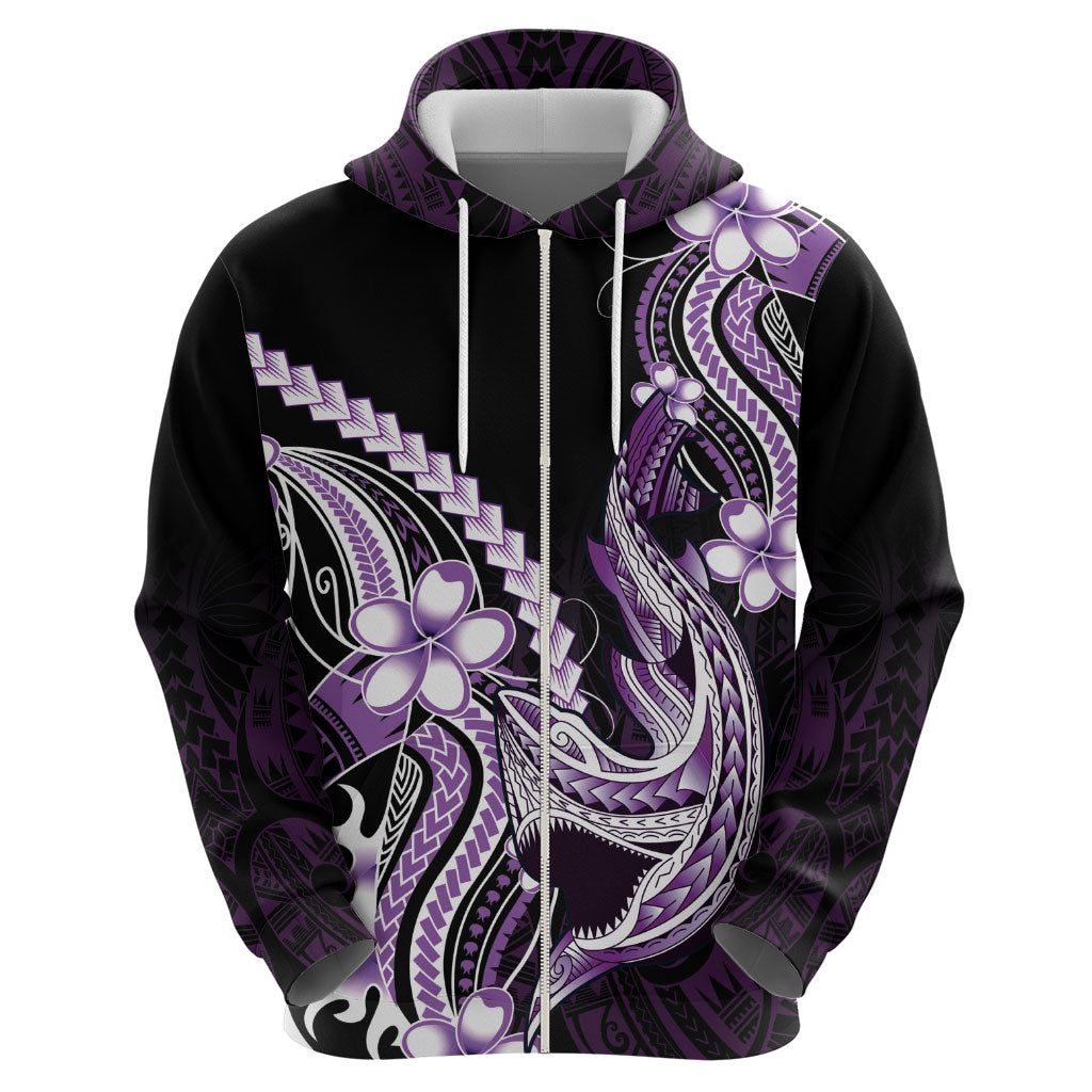 Purple Black Aloha Hawaii Zip Hoodie Polynesian Shark Tattoo Plumeria