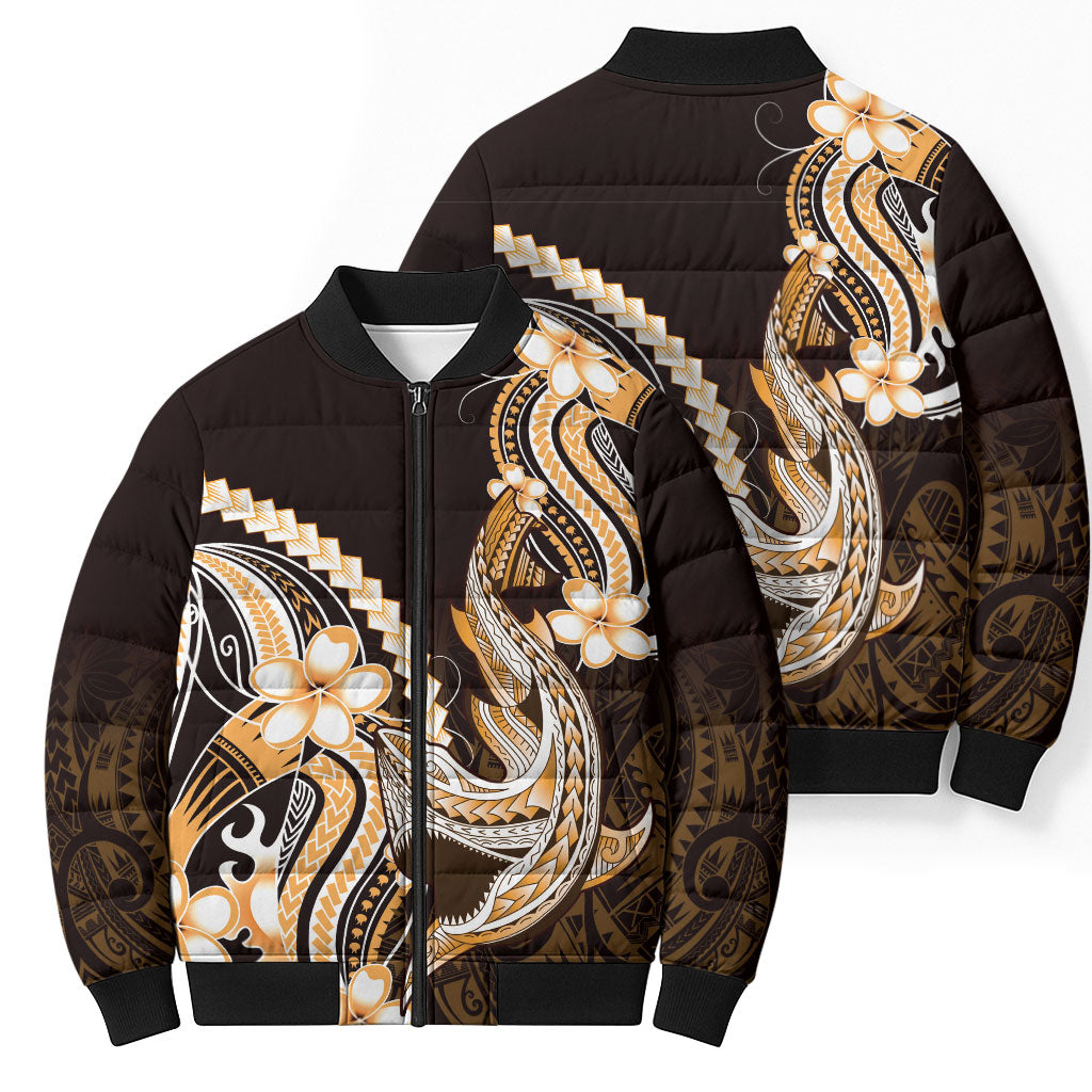Orange Black Aloha Hawaii Bomber Puffer Jacket Polynesian Shark Tattoo Plumeria