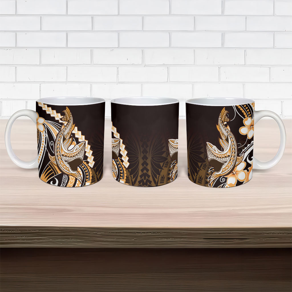 Orange Black Aloha Hawaii Ceramic Mug Polynesian Shark Tattoo Plumeria
