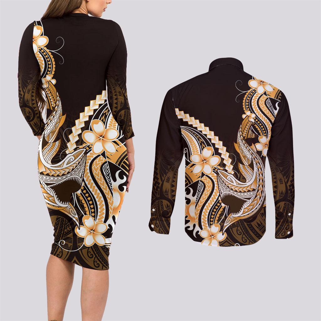 Orange Black Aloha Hawaii Couples Matching Long Sleeve Bodycon Dress and Long Sleeve Button Shirt Polynesian Shark Tattoo Plumeria