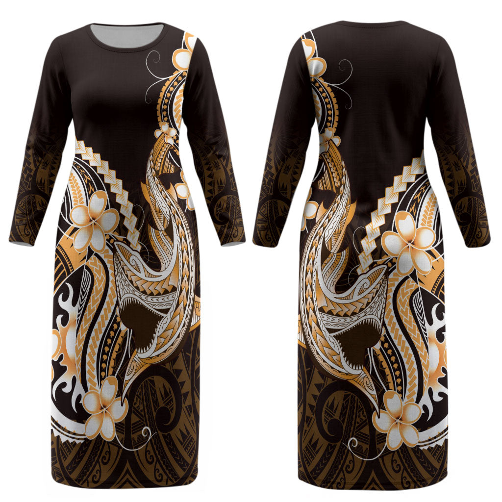 Orange Black Aloha Hawaii Couples Matching Long Sleeve Bodycon Dress and Long Sleeve Button Shirt Polynesian Shark Tattoo Plumeria LT14 - Polynesian Pride