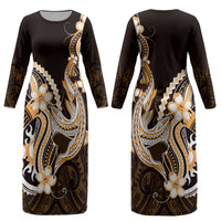Orange Black Aloha Hawaii Couples Matching Long Sleeve Bodycon Dress and Long Sleeve Button Shirt Polynesian Shark Tattoo Plumeria LT14 - Polynesian Pride