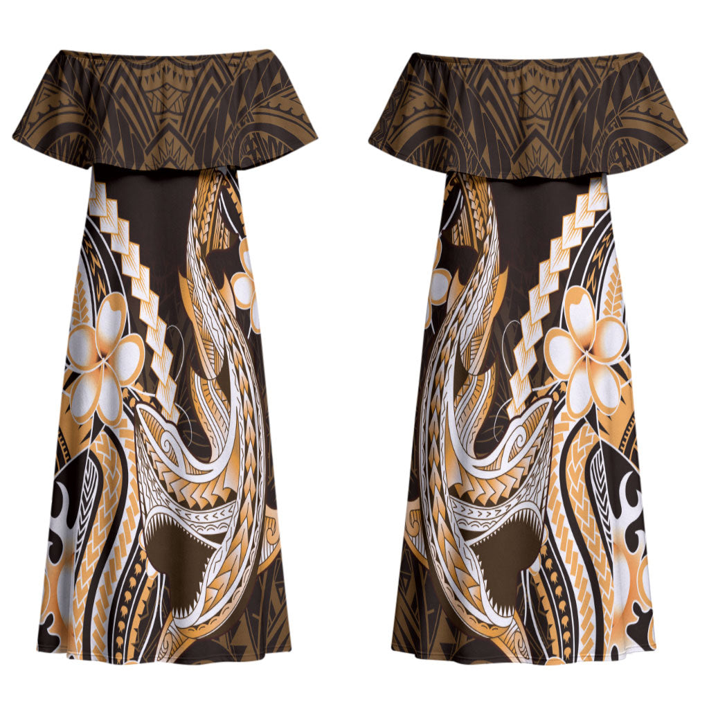 Orange Black Aloha Hawaii Couples Matching Off Shoulder Maxi Dress and Hawaiian Shirt Polynesian Shark Tattoo Plumeria LT14 - Polynesian Pride