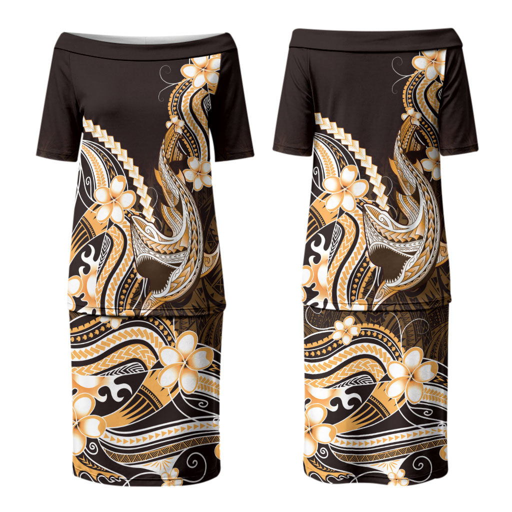 Orange Black Aloha Hawaii Couples Matching Puletasi and Hawaiian Shirt Polynesian Shark Tattoo Plumeria LT14 - Polynesian Pride