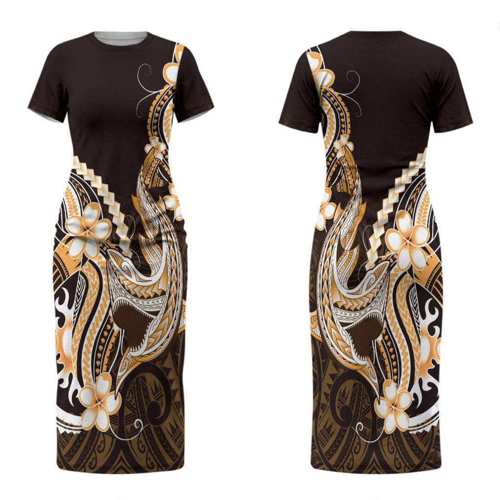 Orange Black Aloha Hawaii Couples Matching Short Sleeve Bodycon Dress and Long Sleeve Button Shirt Polynesian Shark Tattoo Plumeria LT14 - Polynesian Pride