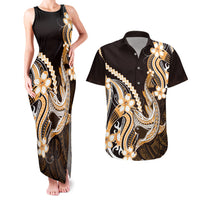 Orange Black Aloha Hawaii Couples Matching Tank Maxi Dress and Hawaiian Shirt Polynesian Shark Tattoo Plumeria