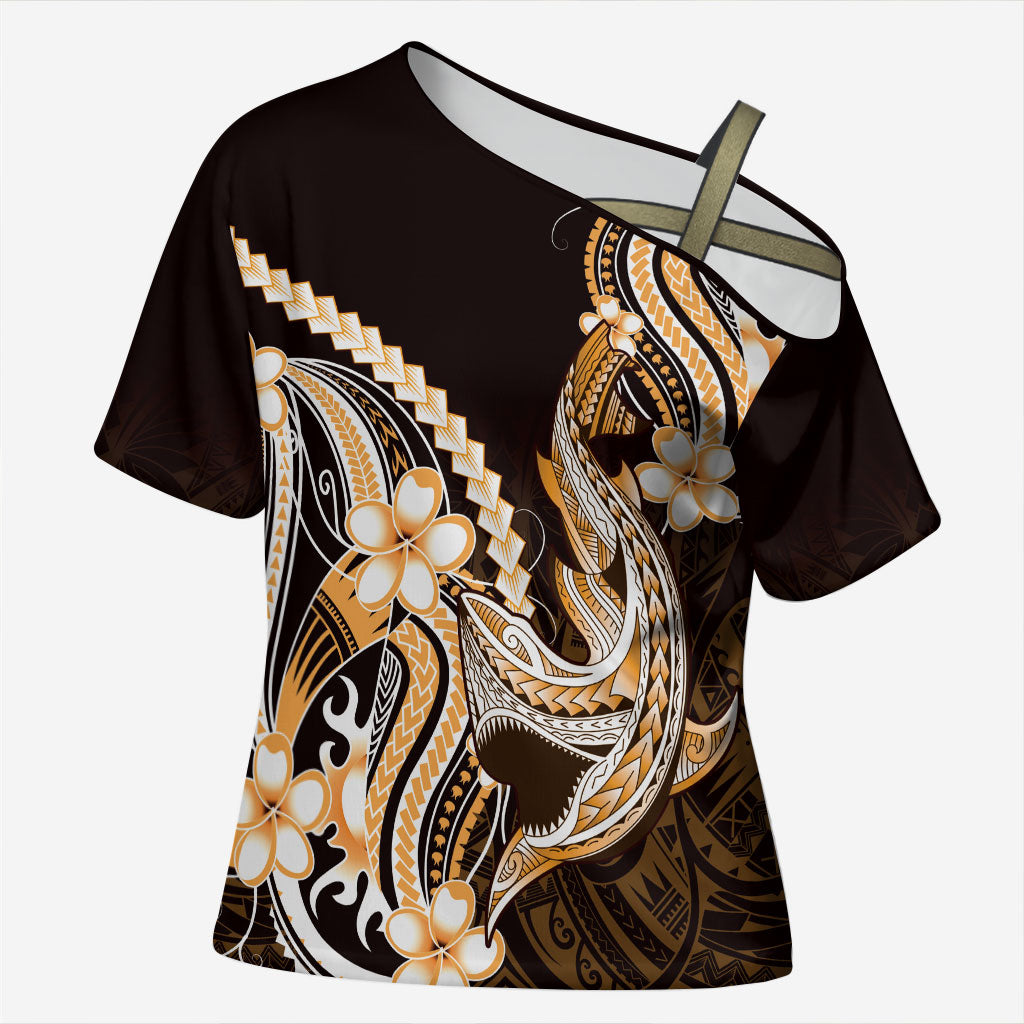 Orange Black Aloha Hawaii Cross Shoulder Shirt Polynesian Shark Tattoo Plumeria