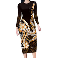 Orange Black Aloha Hawaii Family Matching Long Sleeve Bodycon Dress and Hawaiian Shirt Polynesian Shark Tattoo Plumeria LT14 Mom's Dress Orange - Polynesian Pride