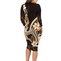 Orange Black Aloha Hawaii Family Matching Long Sleeve Bodycon Dress and Hawaiian Shirt Polynesian Shark Tattoo Plumeria LT14 - Polynesian Pride