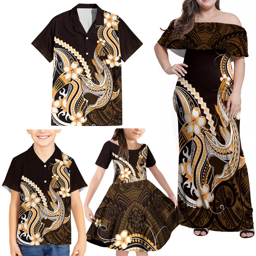 Orange Black Aloha Hawaii Family Matching Off Shoulder Maxi Dress and Hawaiian Shirt Polynesian Shark Tattoo Plumeria LT14 - Polynesian Pride