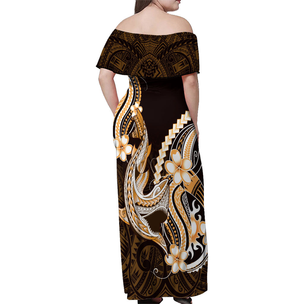 Orange Black Aloha Hawaii Family Matching Off Shoulder Maxi Dress and Hawaiian Shirt Polynesian Shark Tattoo Plumeria LT14 - Polynesian Pride