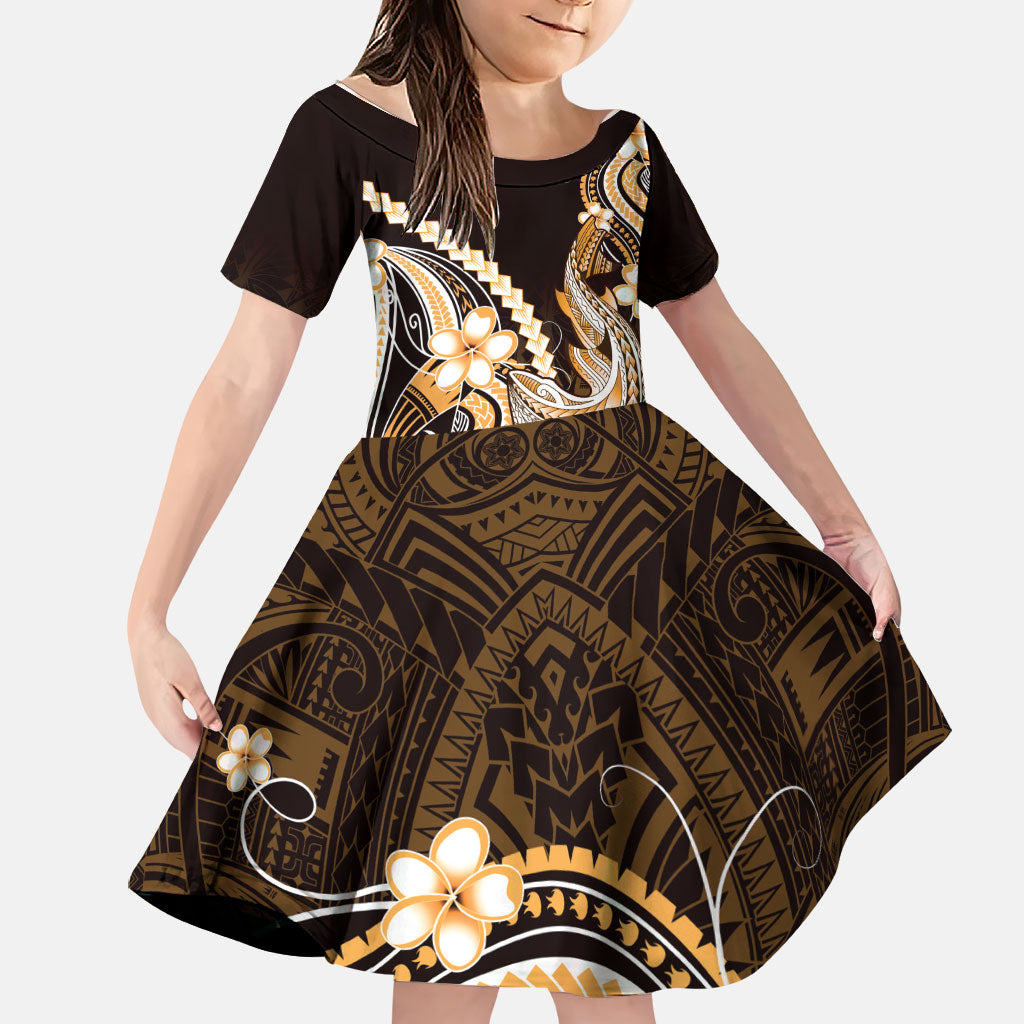 Orange Black Aloha Hawaii Family Matching Puletasi and Hawaiian Shirt Polynesian Shark Tattoo Plumeria LT14 Daughter's Dress Orange - Polynesian Pride