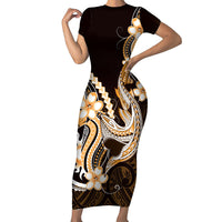 Orange Black Aloha Hawaii Family Matching Short Sleeve Bodycon Dress and Hawaiian Shirt Polynesian Shark Tattoo Plumeria LT14 Mom's Dress Orange - Polynesian Pride
