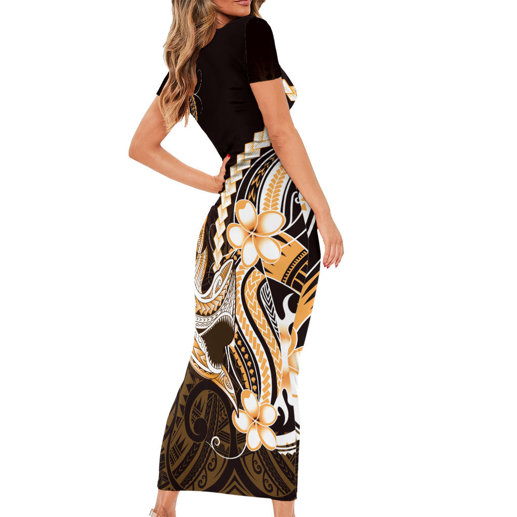 Orange Black Aloha Hawaii Family Matching Short Sleeve Bodycon Dress and Hawaiian Shirt Polynesian Shark Tattoo Plumeria LT14 - Polynesian Pride