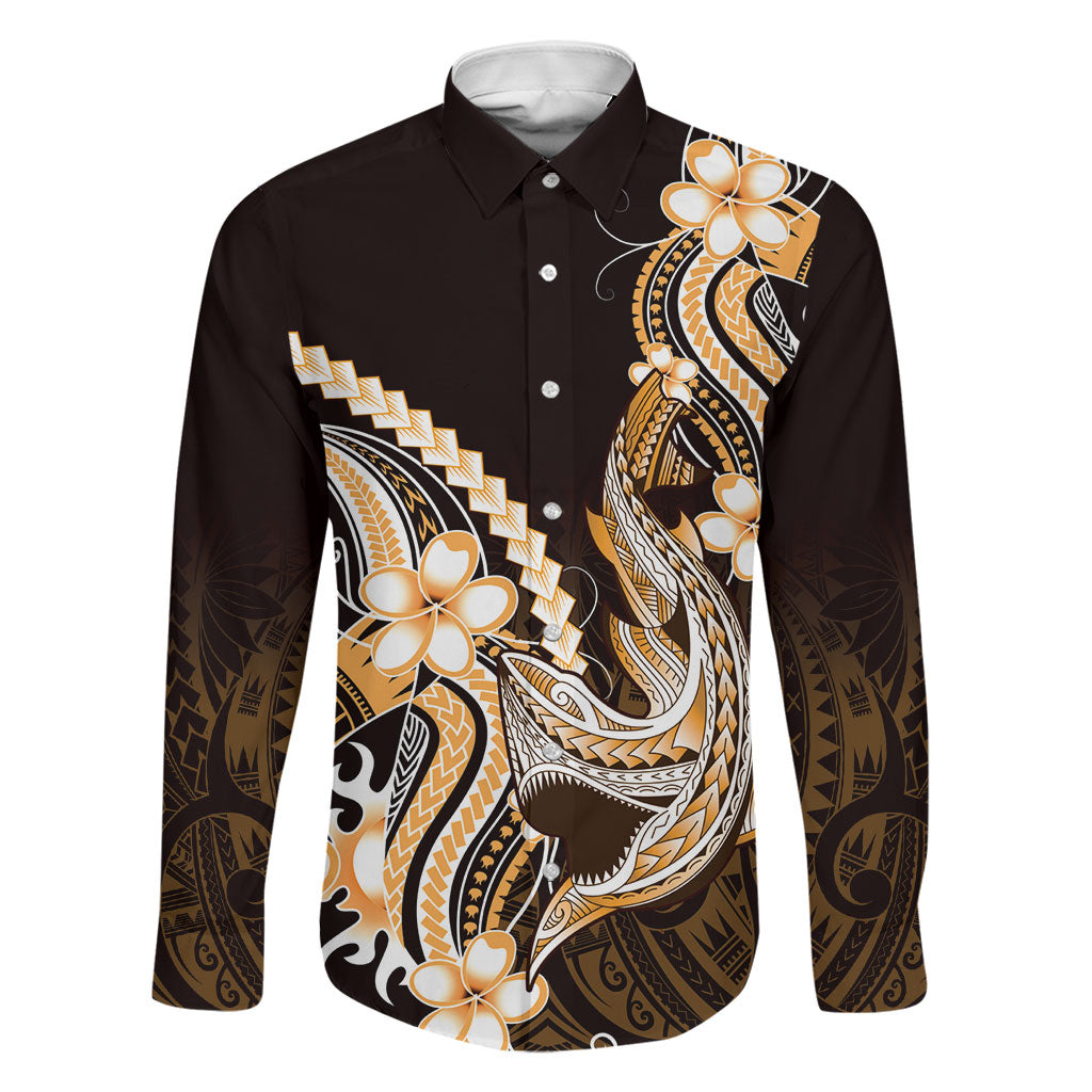 Orange Black Aloha Hawaii Family Matching Summer Maxi Dress and Hawaiian Shirt Polynesian Shark Tattoo Plumeria LT14 Dad's Shirt - Long Sleeve Orange - Polynesian Pride