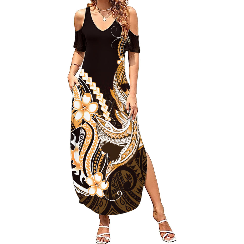 Orange Black Aloha Hawaii Family Matching Summer Maxi Dress and Hawaiian Shirt Polynesian Shark Tattoo Plumeria LT14 Mom's Dress Orange - Polynesian Pride