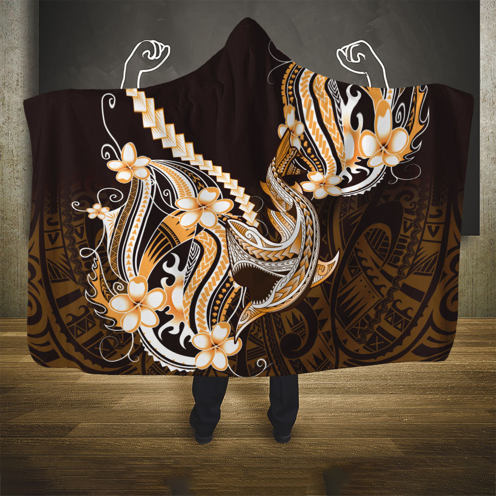 Orange Black Aloha Hawaii Hooded Blanket Polynesian Shark Tattoo Plumeria