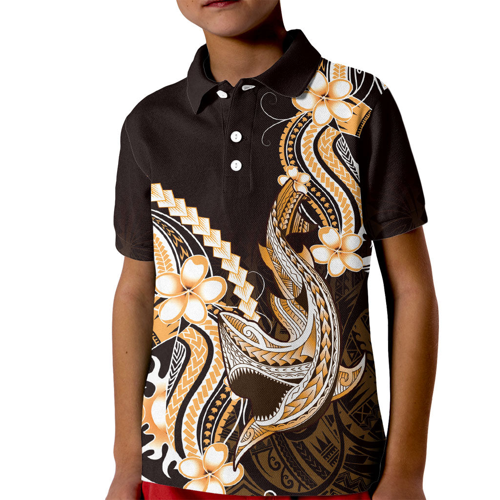 Orange Black Aloha Hawaii Kid Polo Shirt Polynesian Shark Tattoo Plumeria