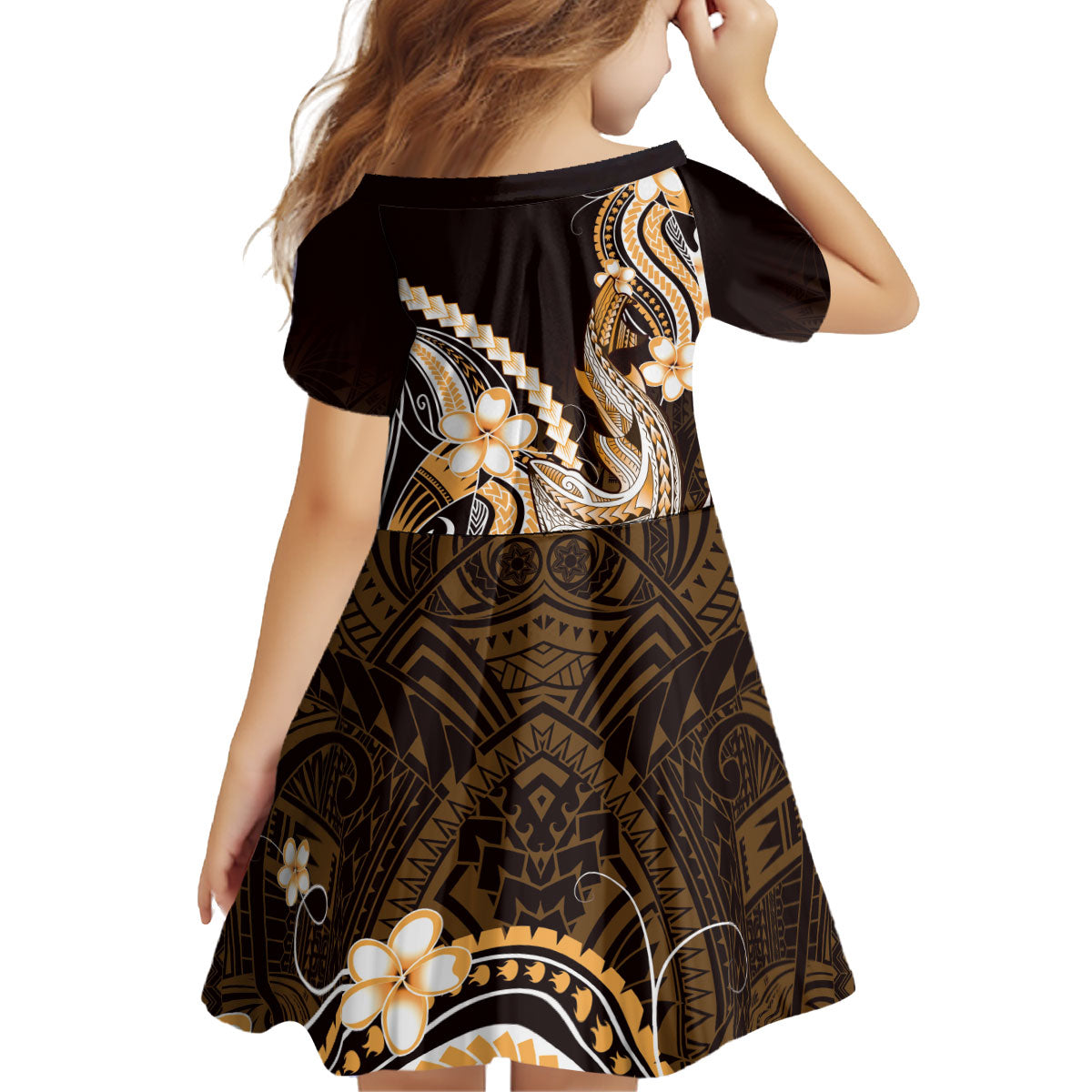 Orange Black Aloha Hawaii Kid Short Sleeve Dress Polynesian Shark Tattoo Plumeria