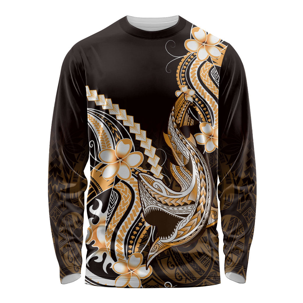 Orange Black Aloha Hawaii Long Sleeve Shirt Polynesian Shark Tattoo Plumeria