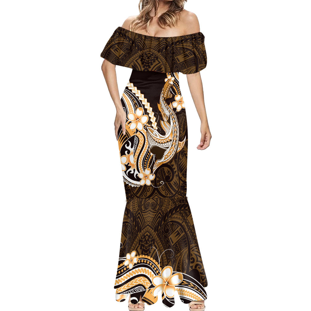 Orange Black Aloha Hawaii Mermaid Dress Polynesian Shark Tattoo Plumeria