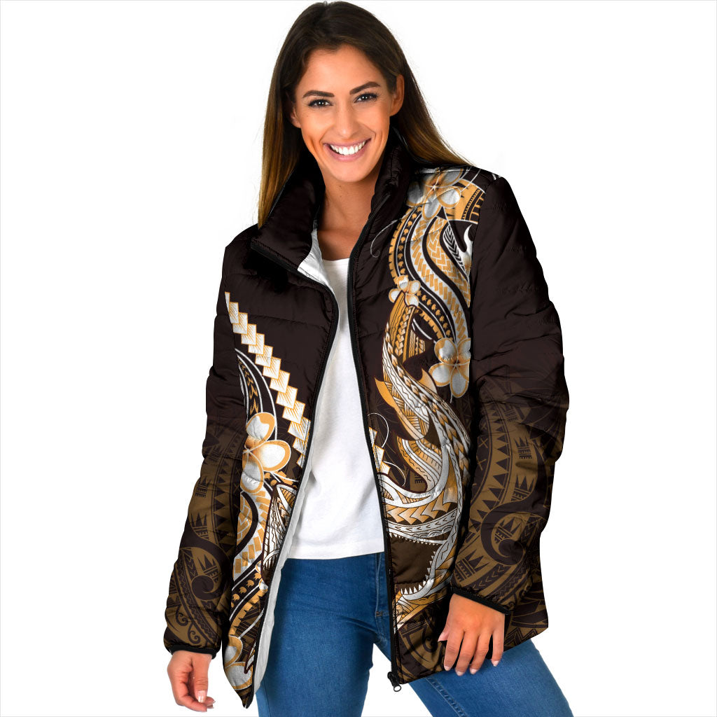 Orange Black Aloha Hawaii Padded Jacket Polynesian Shark Tattoo Plumeria