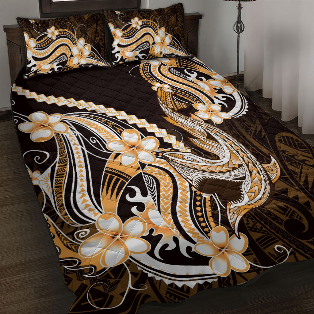 Orange Black Aloha Hawaii Quilt Bed Set Polynesian Shark Tattoo Plumeria