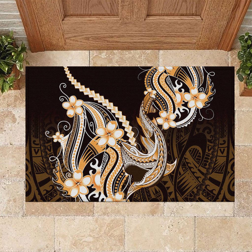 Orange Black Aloha Hawaii Rubber Doormat Polynesian Shark Tattoo Plumeria