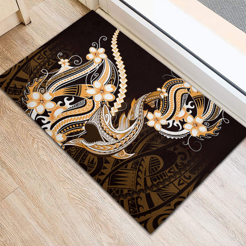 Orange Black Aloha Hawaii Rubber Doormat Polynesian Shark Tattoo Plumeria