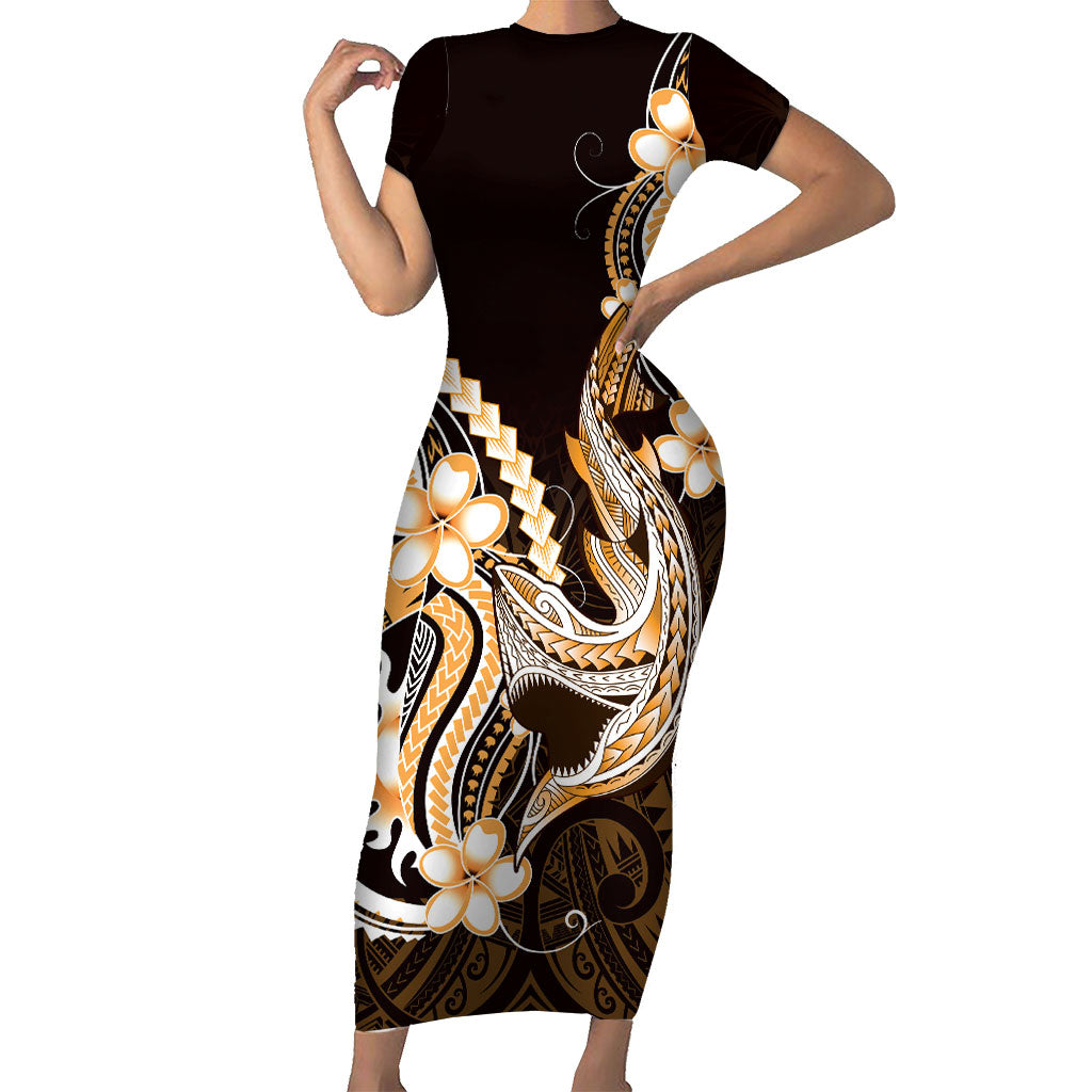 Orange Black Aloha Hawaii Short Sleeve Bodycon Dress Polynesian Shark Tattoo Plumeria