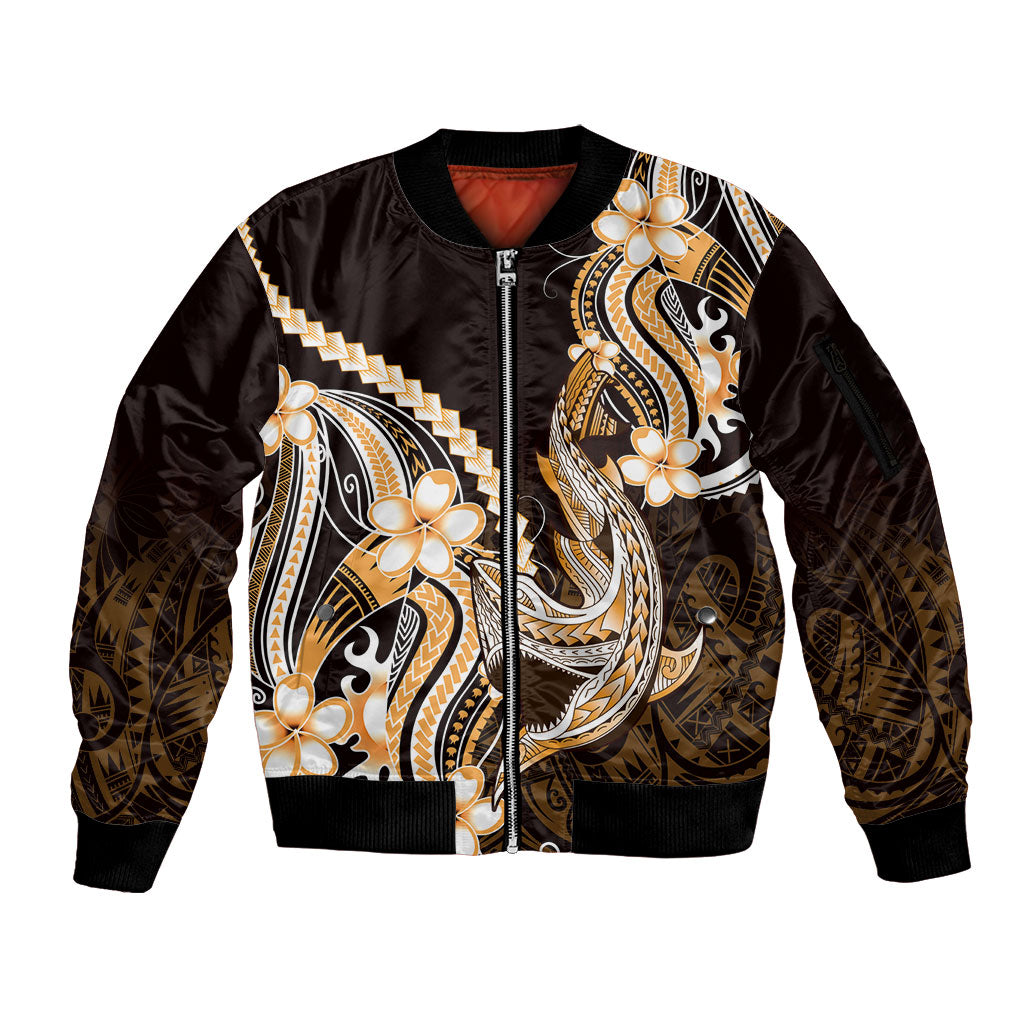 Orange Black Aloha Hawaii Sleeve Zip Bomber Jacket Polynesian Shark Tattoo Plumeria